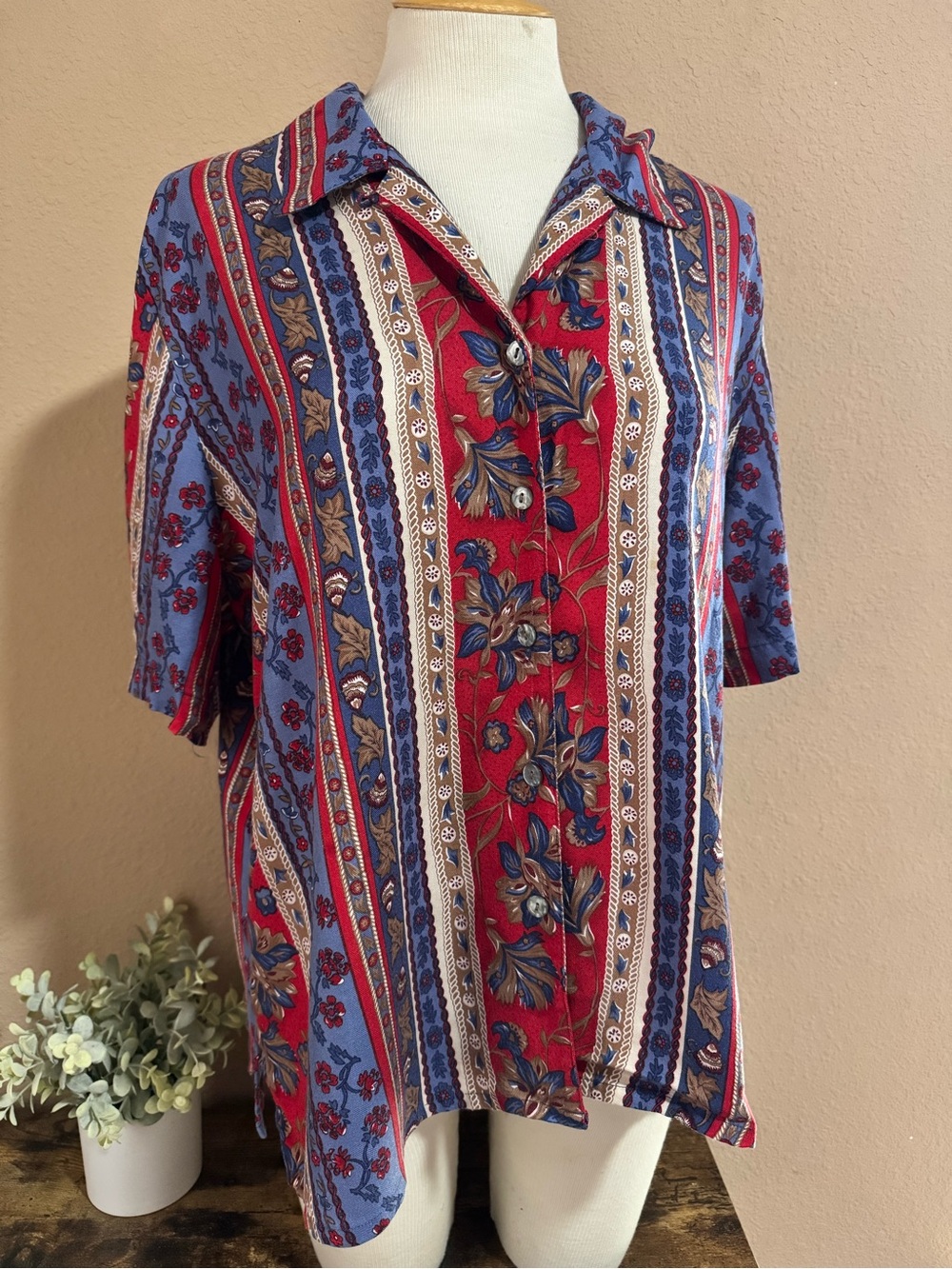 TanJay Red & Blue Floral Stripe Button-Down Top